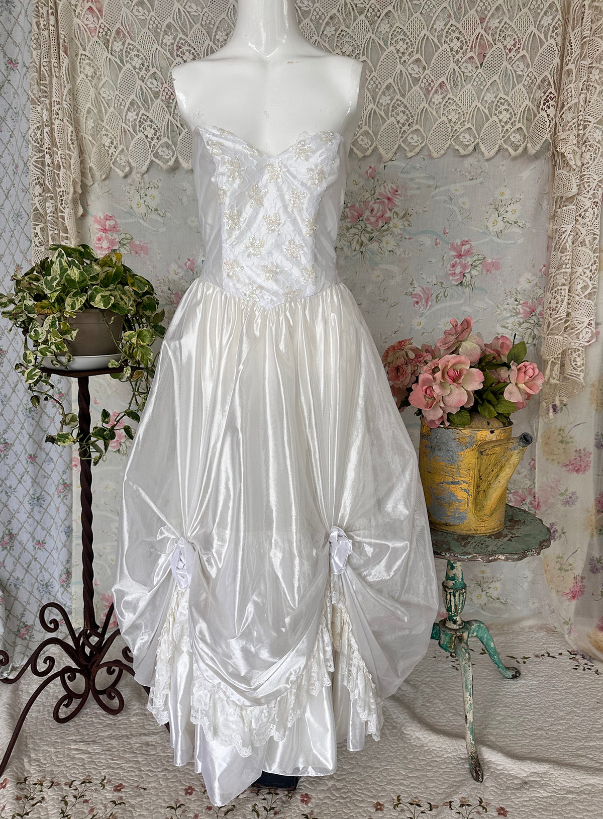 70s White Shimmery Strapless Victorian Revival Wedding Dress