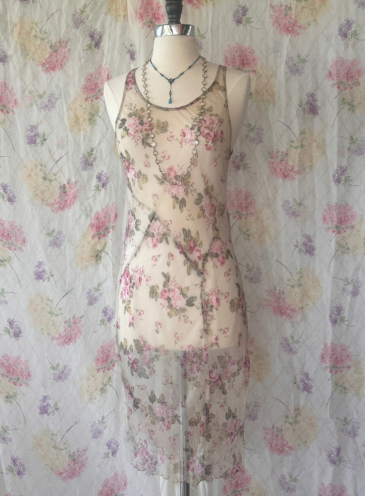 1930s Sheer Rose Floral Chiffon Slip Dress