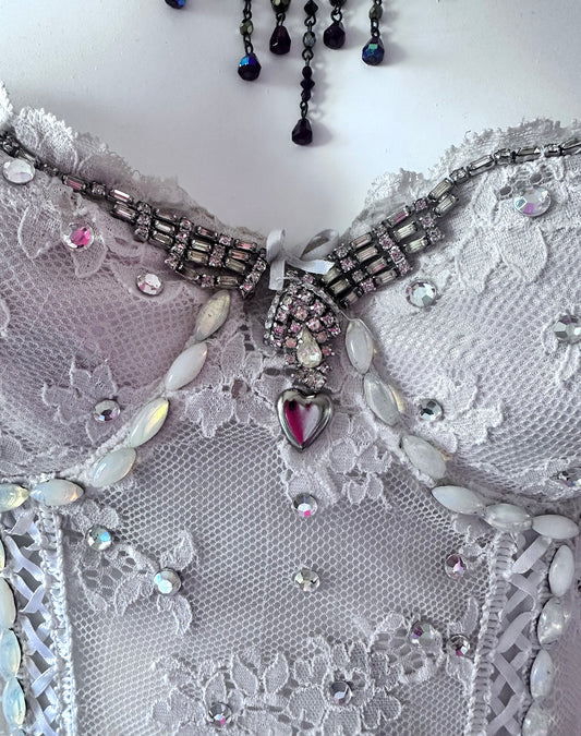 70s White Lace Upcycled Rhinestone Beaded One Of A Kind Corset