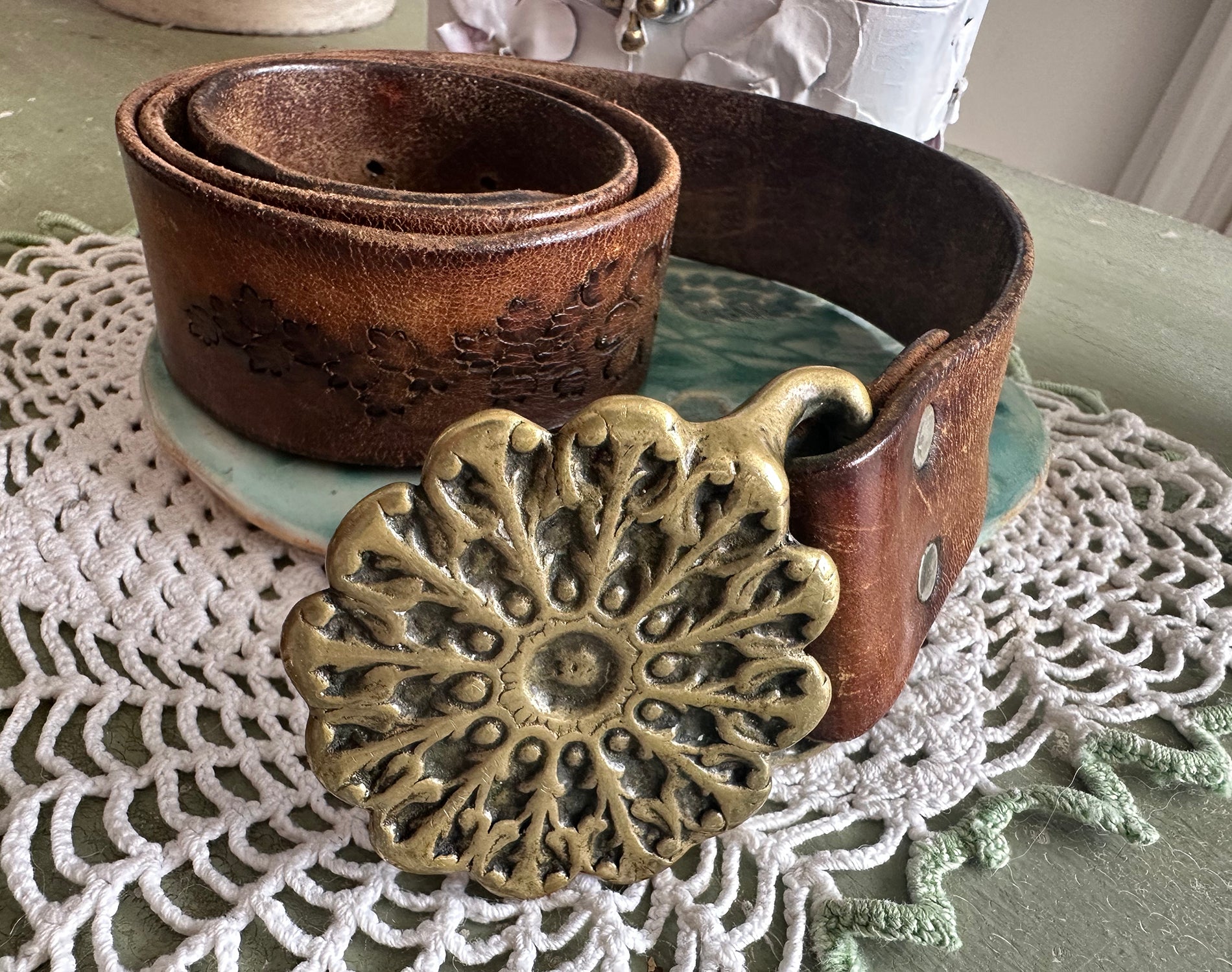 60s Tooled Leather Belt Bronze Buckle