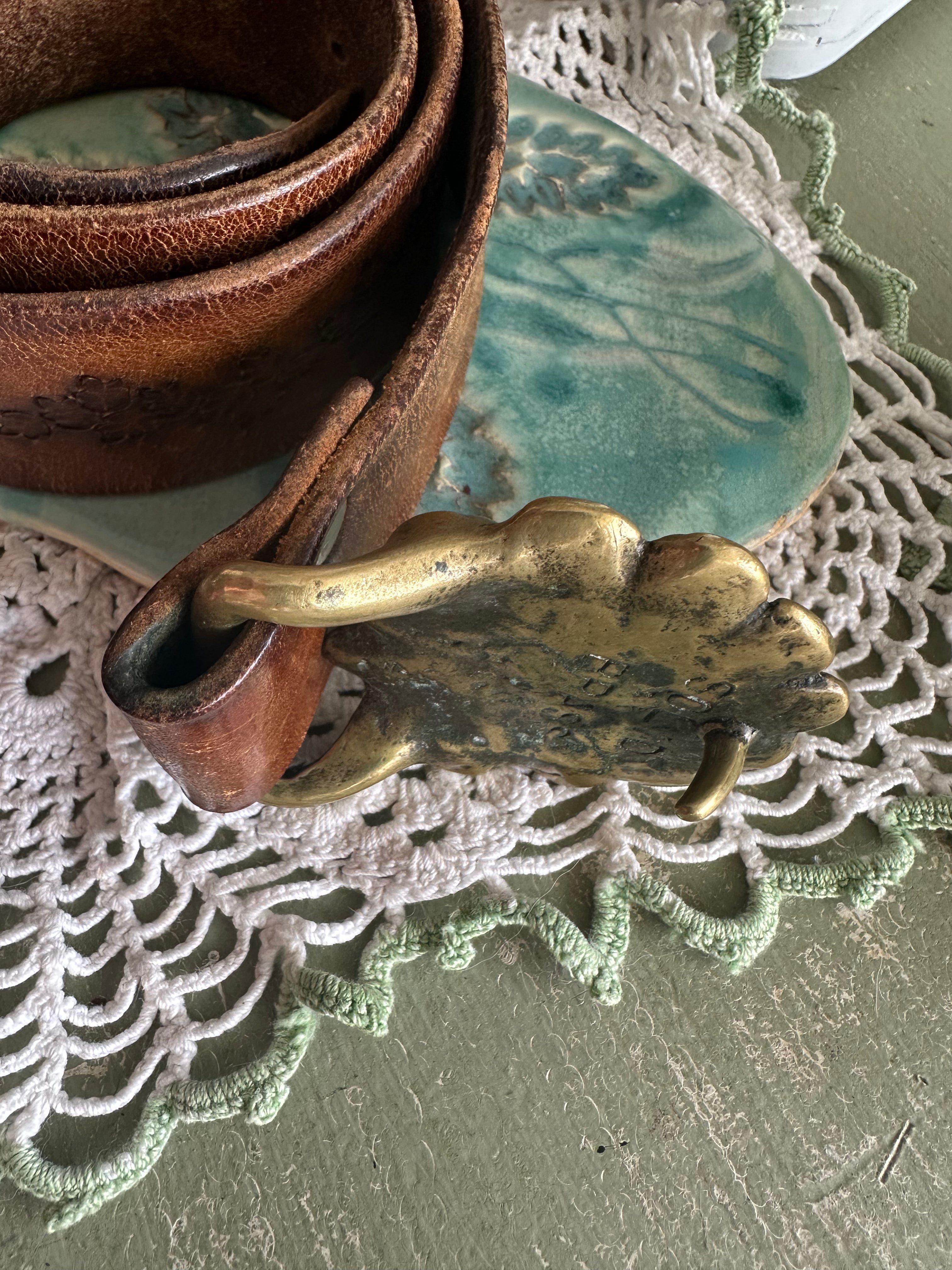 60s Tooled Leather Belt Bronze Buckle