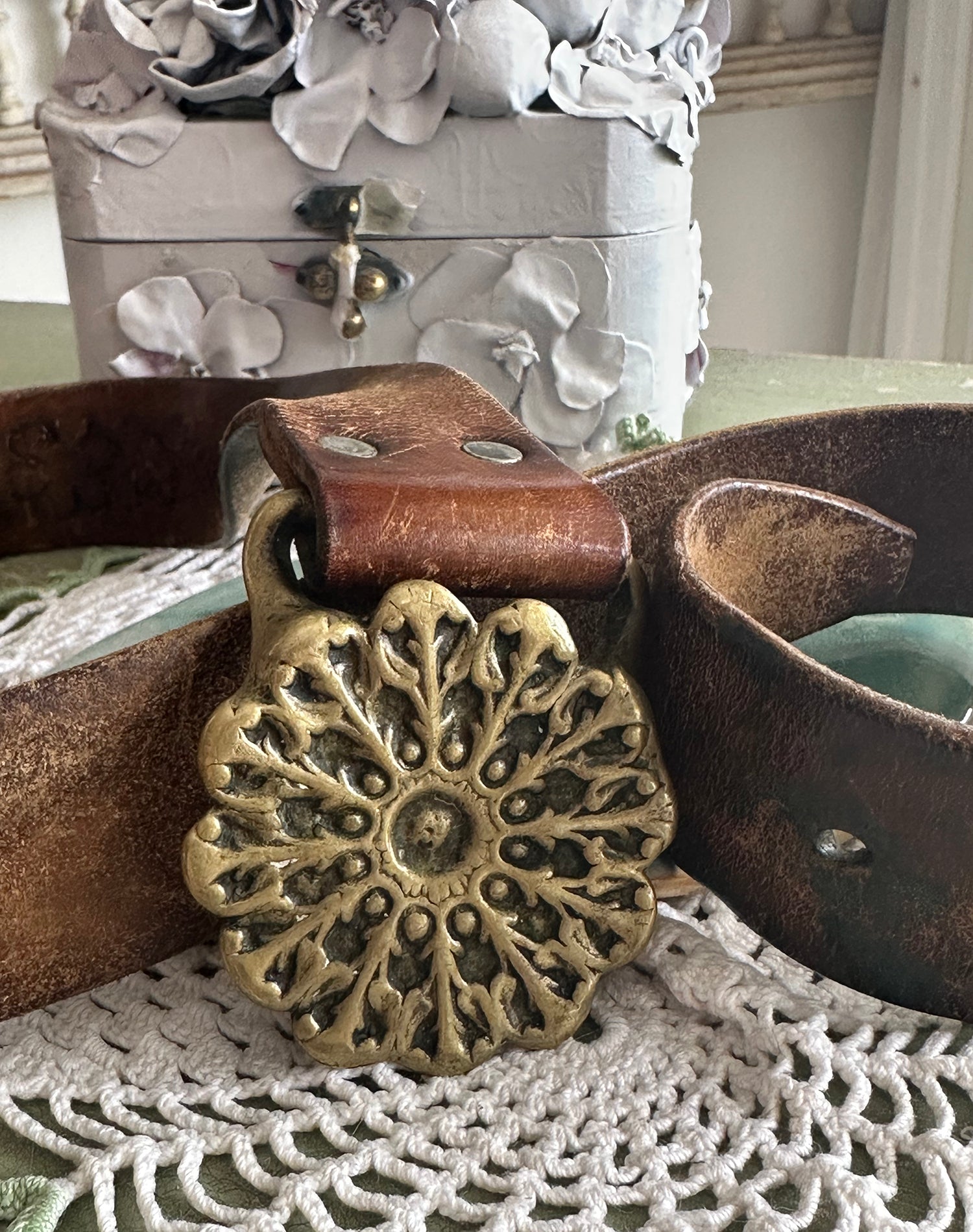 60s Tooled Leather Belt Bronze Buckle