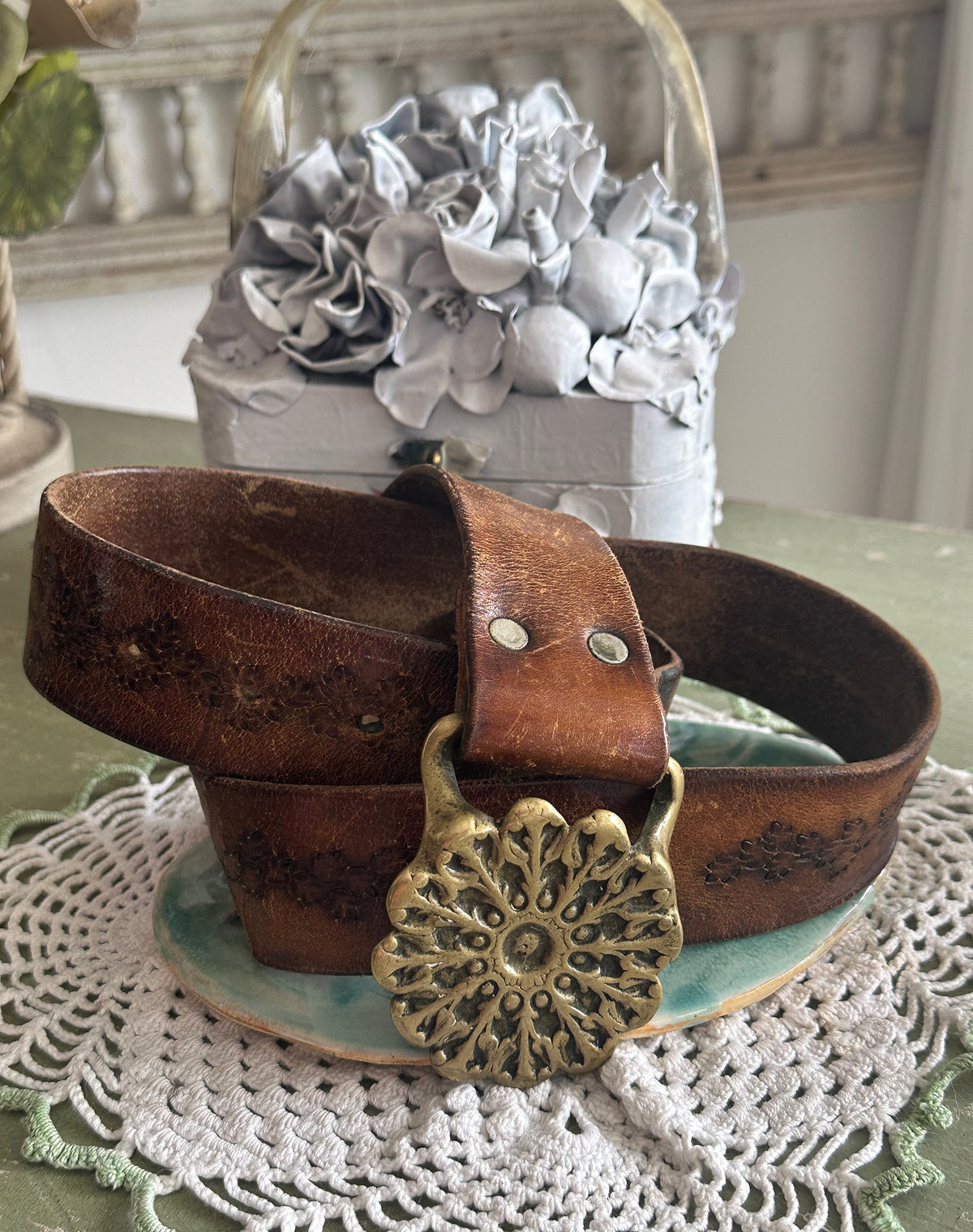 60s Tooled Leather Belt Bronze Buckle