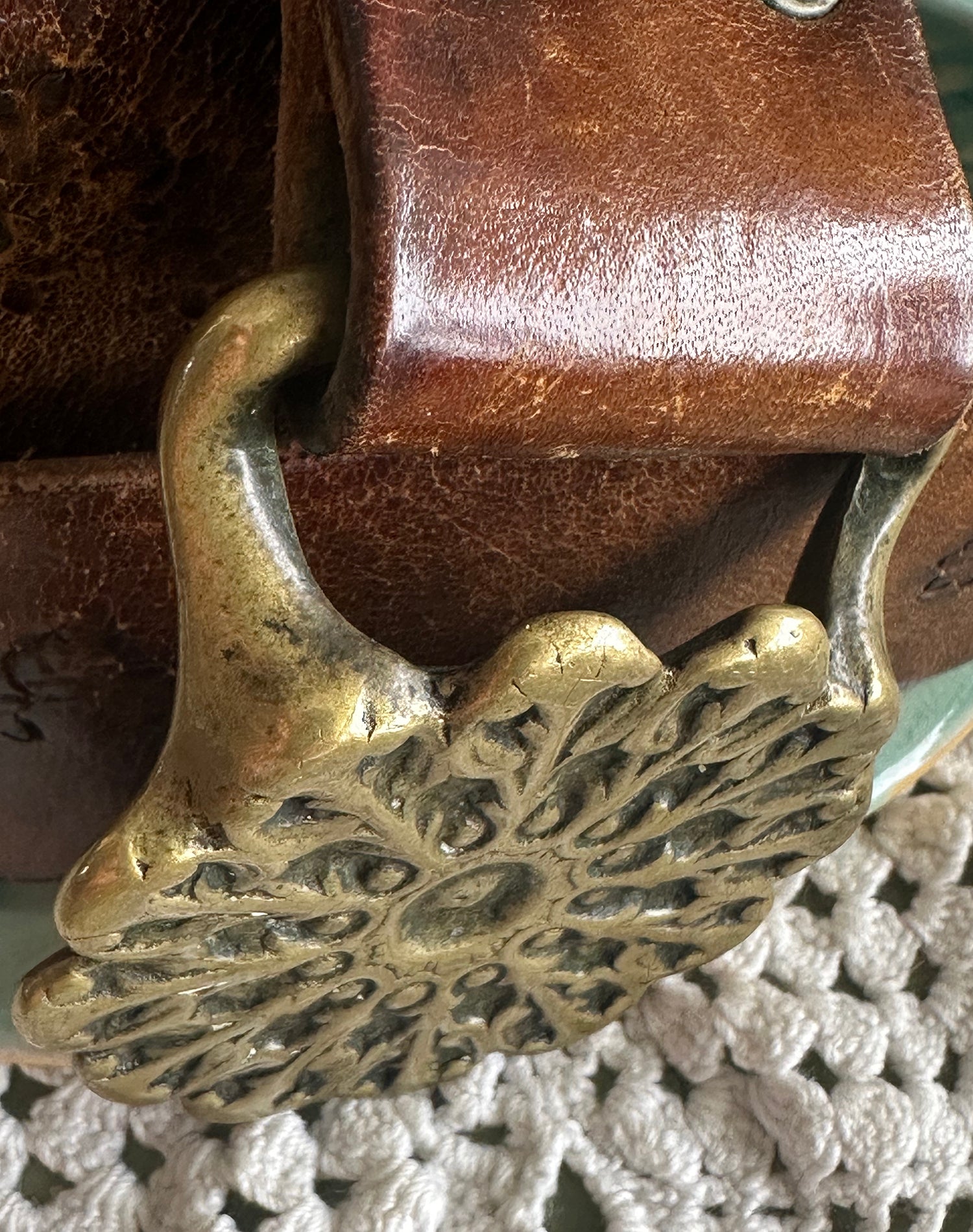 60s Tooled Leather Belt Bronze Buckle