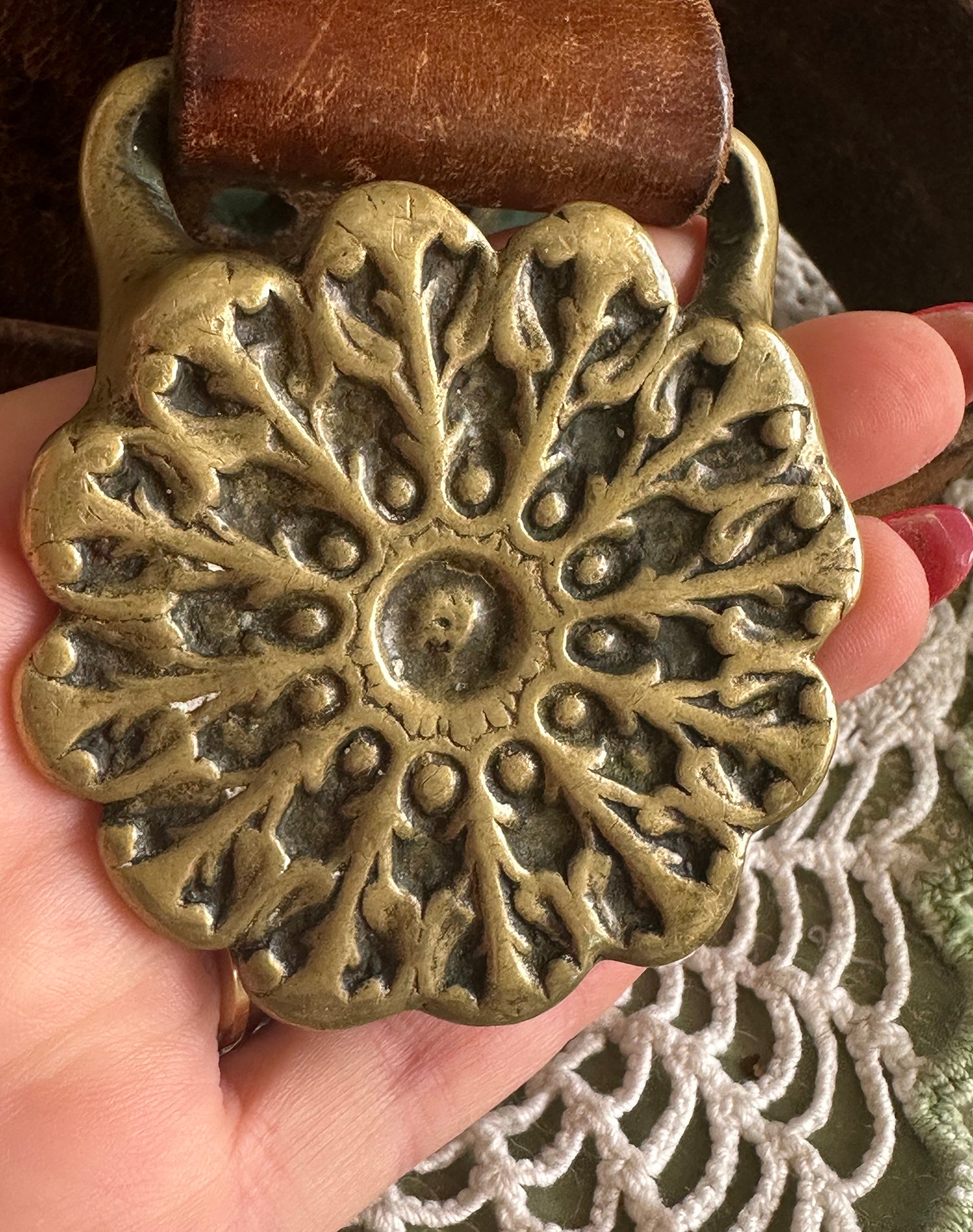 60s Tooled Leather Belt Bronze Buckle