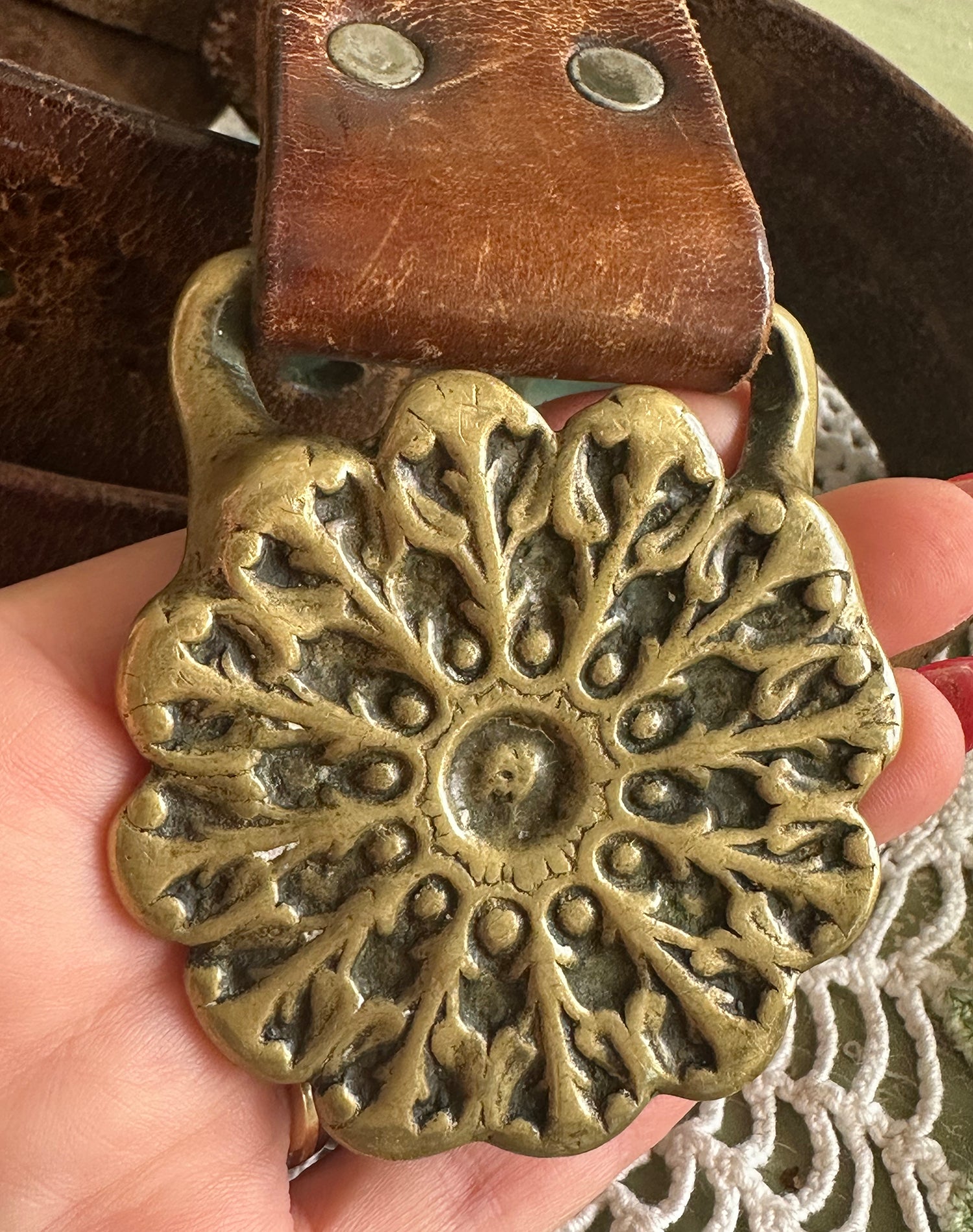 60s Tooled Leather Belt Bronze Buckle