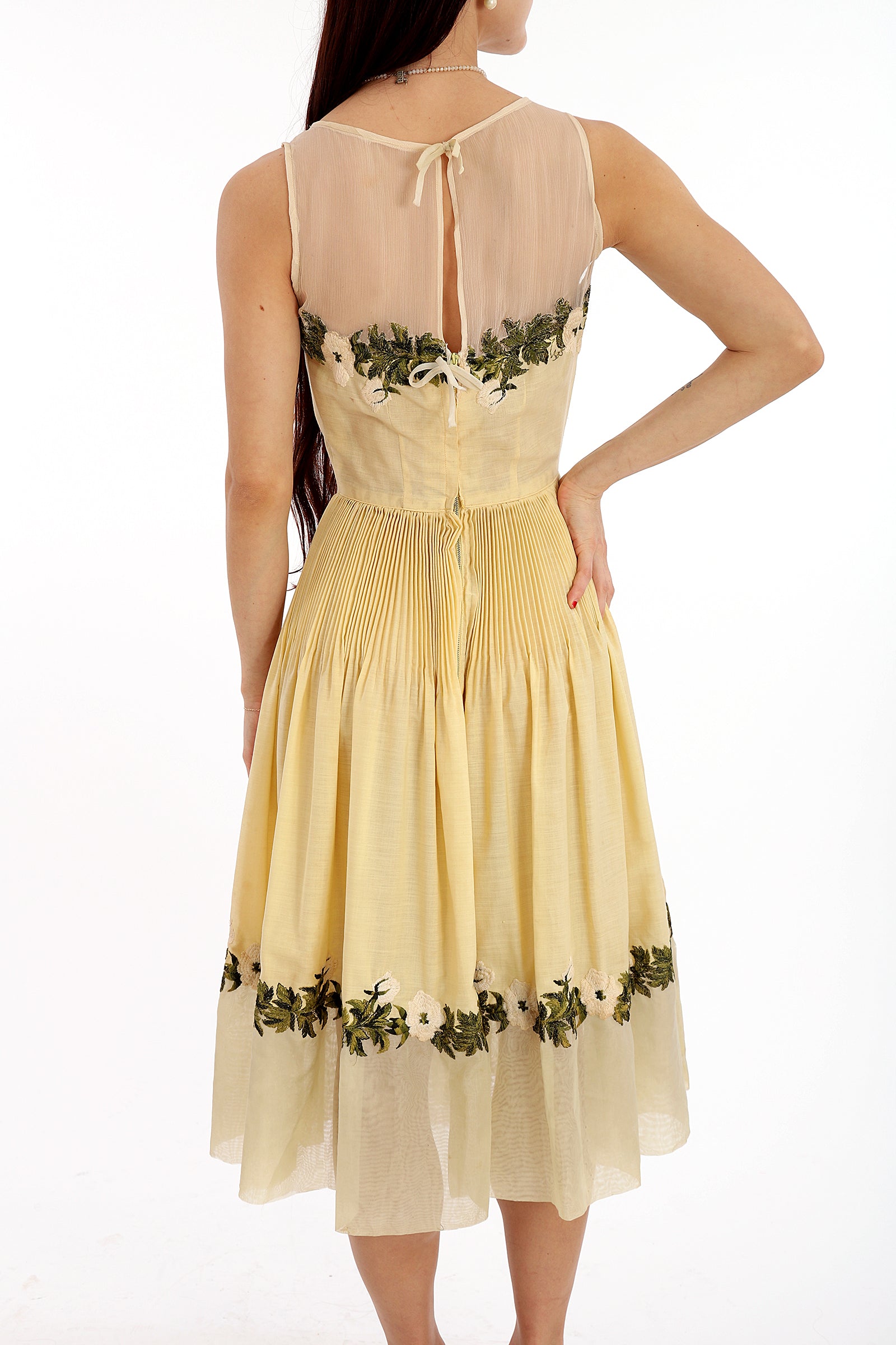 50s Yellow Pleated Embroidered Fit & Flare Dress WhatWouldSusieWear 50s Yellow Pleated Embroidered Fit & Flare Dress WhatWouldSusieWear