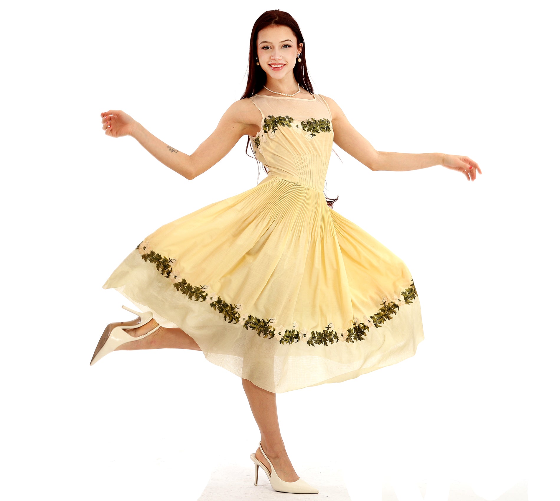 50s Yellow Pleated Embroidered Fit & Flare Dress WhatWouldSusieWear 50s Yellow Pleated Embroidered Fit & Flare Dress WhatWouldSusieWear