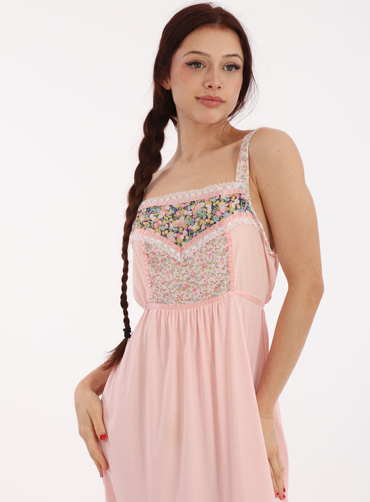 70s Baby Pink Jessica McClintock Style Ditsy Floral Slip Dress