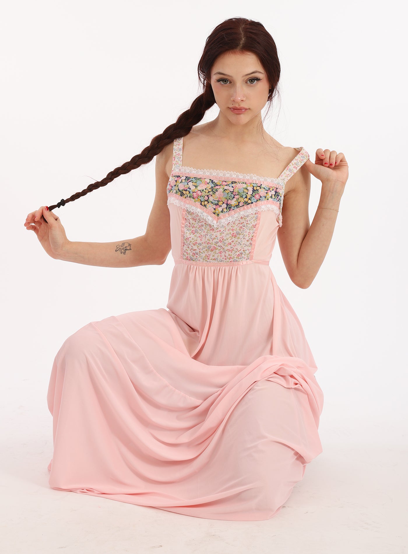 70s Baby Pink Jesica McClintock Style Ditsy Floral Slip Dress
