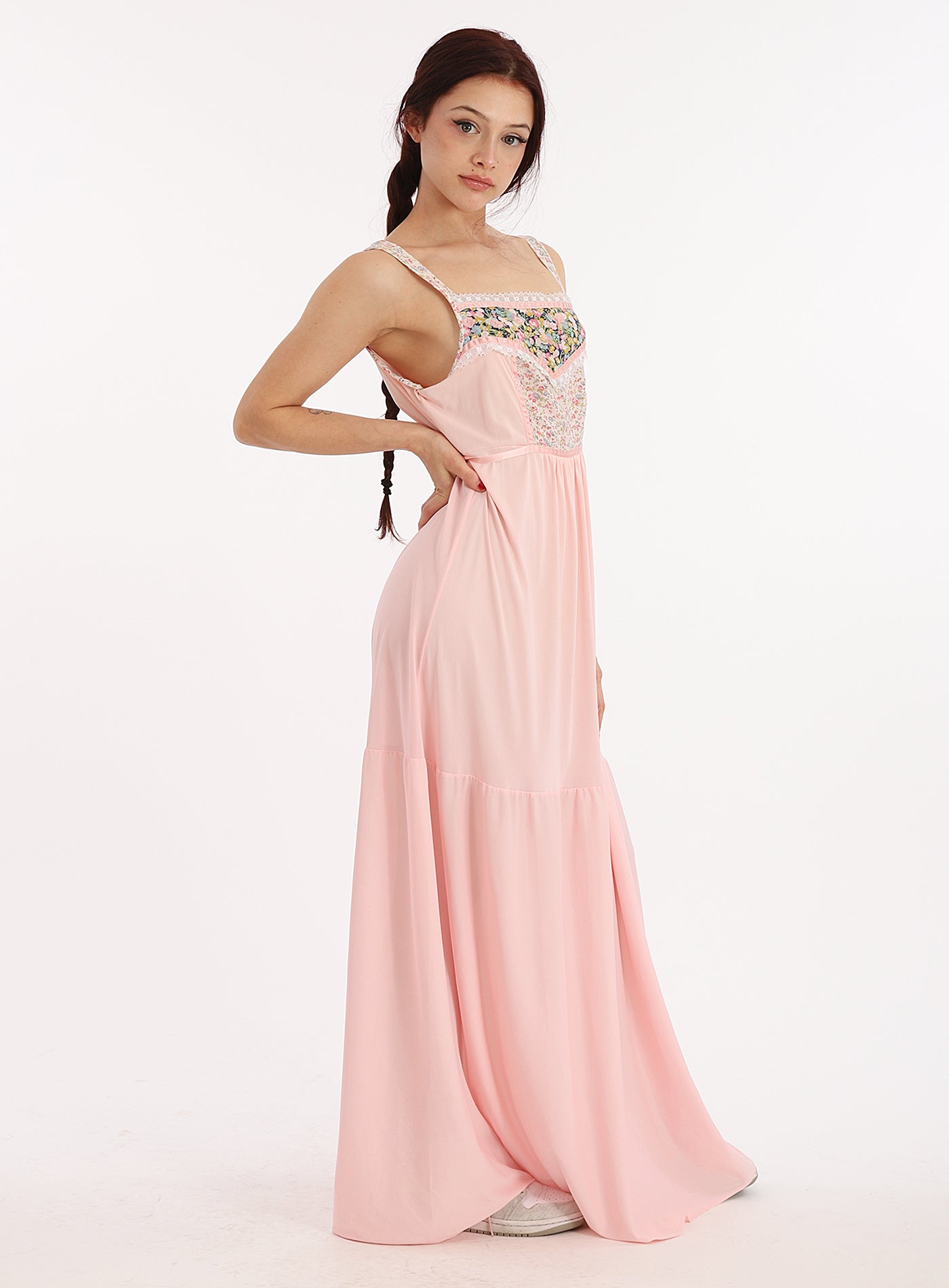 70s Baby Pink Jesica McClintock Style Ditsy Floral Slip Dress