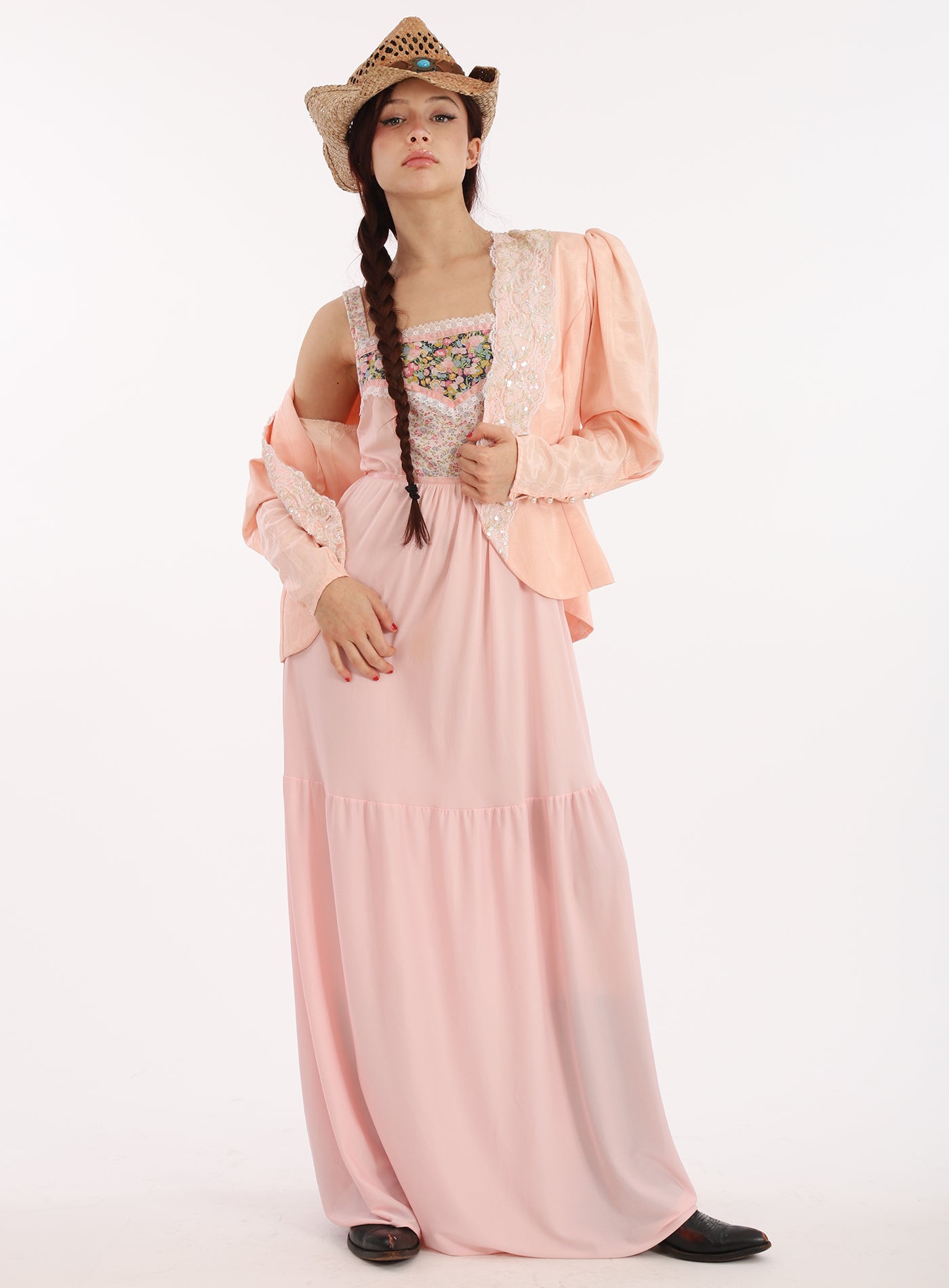 70s Baby Pink Jesica McClintock Style Ditsy Floral Slip Dress