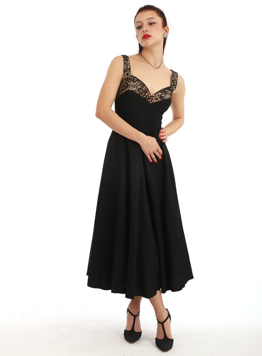 50s Black Lace Inset Fit and Flare Dress