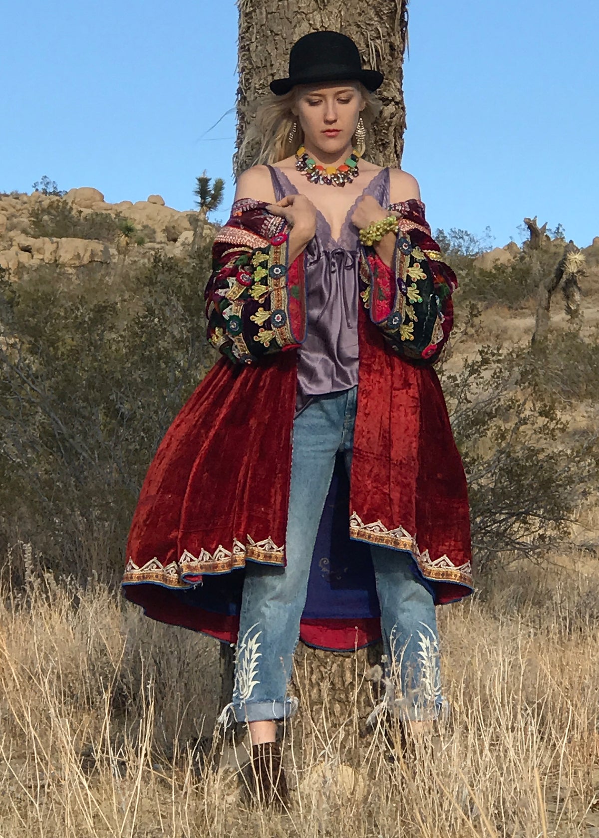 Burgundy Velvet Embroidered Mirrored Beaded Poet Sleeve Jacket