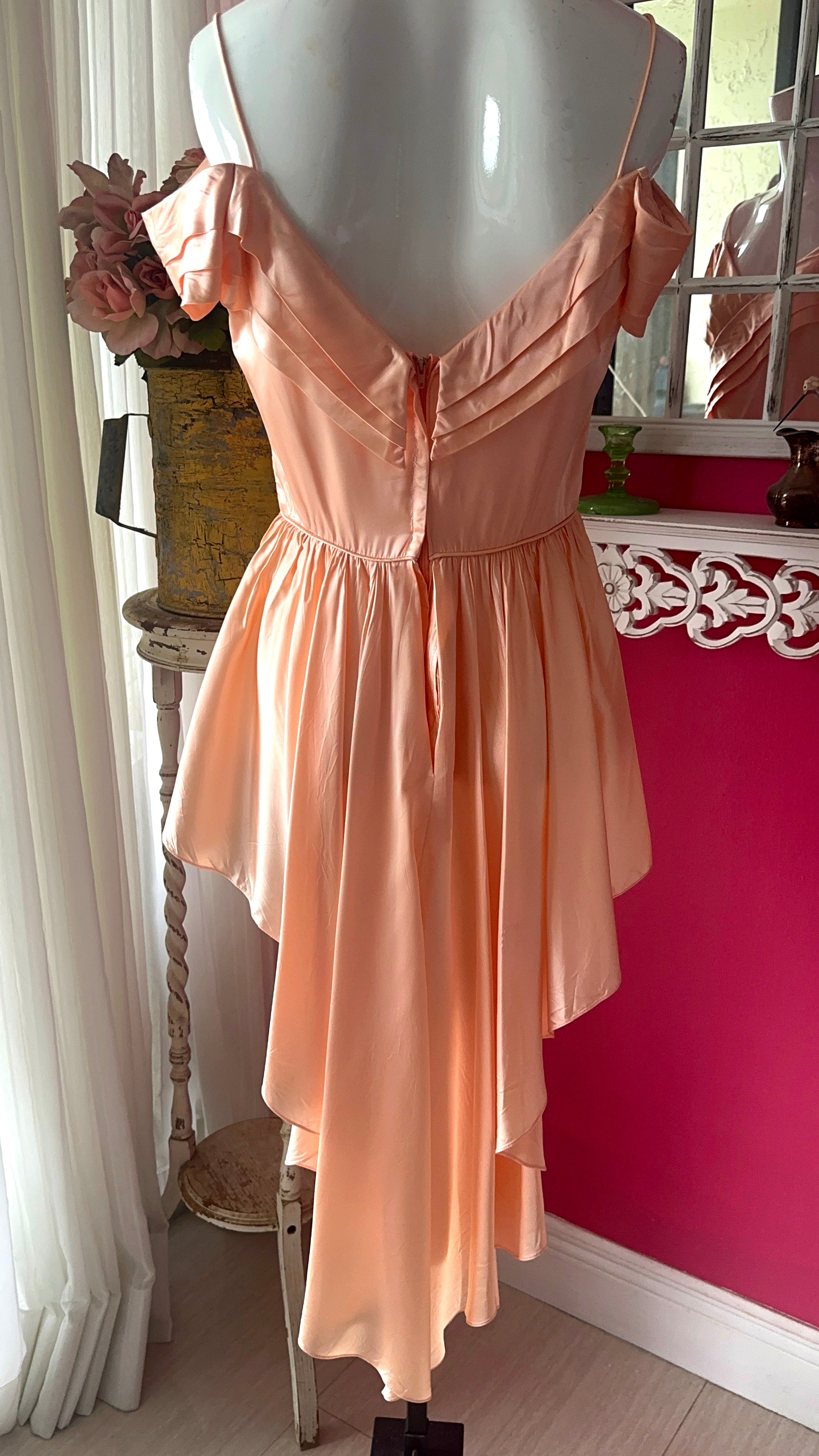 70s Reworked Pink Satin Fishtail Off Shoulder Top