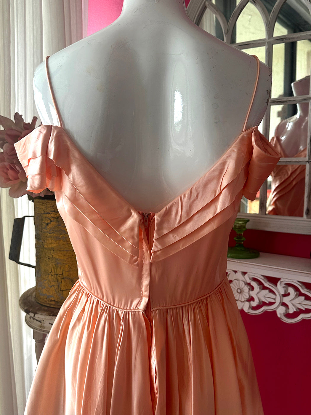 70s Reworked Pink Satin Fishtail Off Shoulder Top
