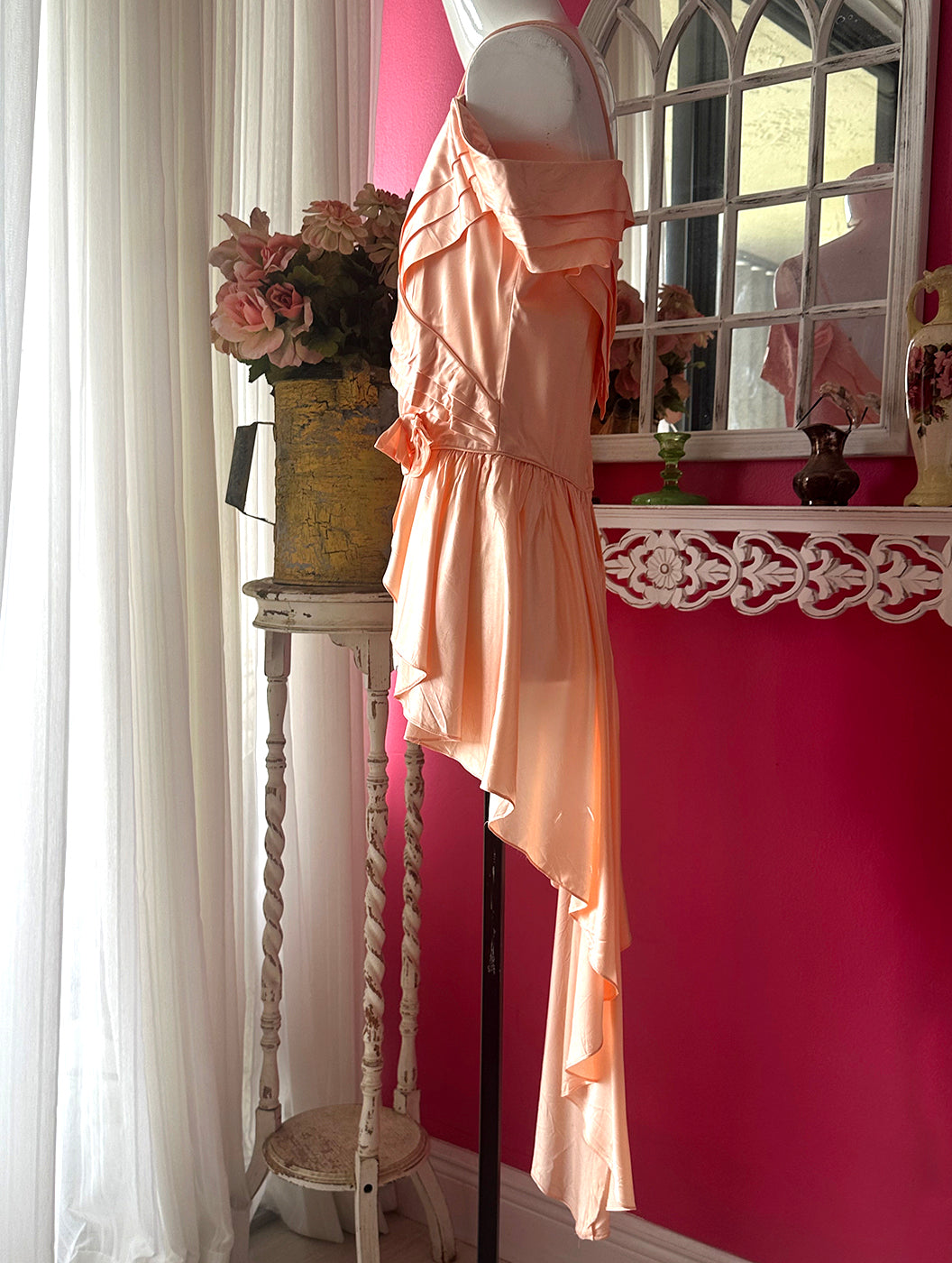 70s Reworked Pink Satin Fishtail Off Shoulder Top