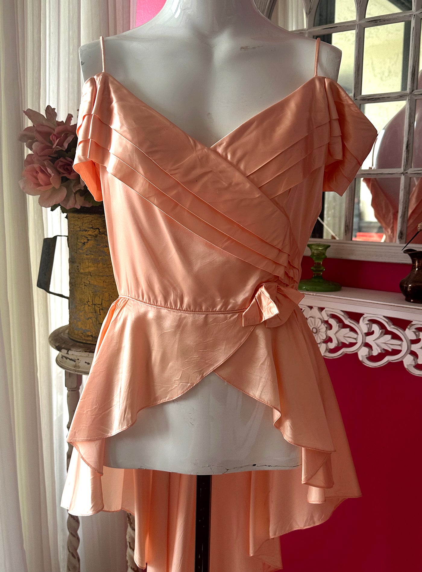 70s Reworked Pink Satin Fishtail Off Shoulder Top