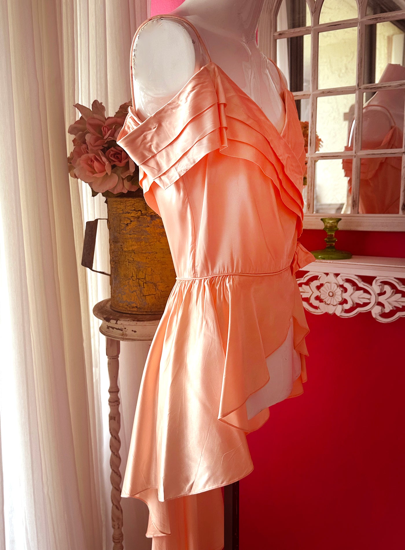 70s Reworked Pink Satin Fishtail Off Shoulder Top