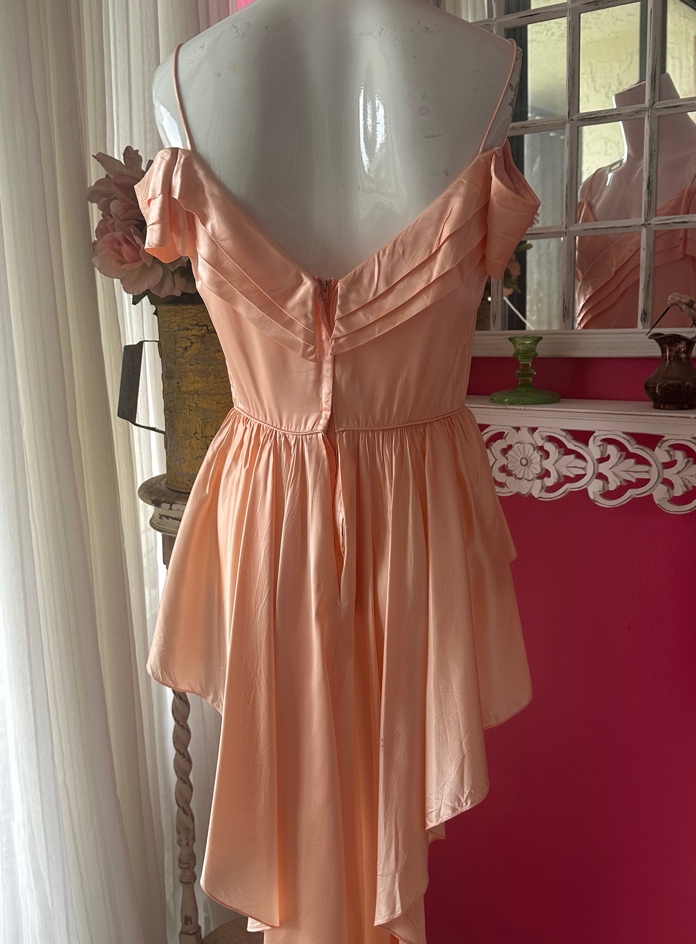 70s Reworked Pink Satin Fishtail Off Shoulder Top