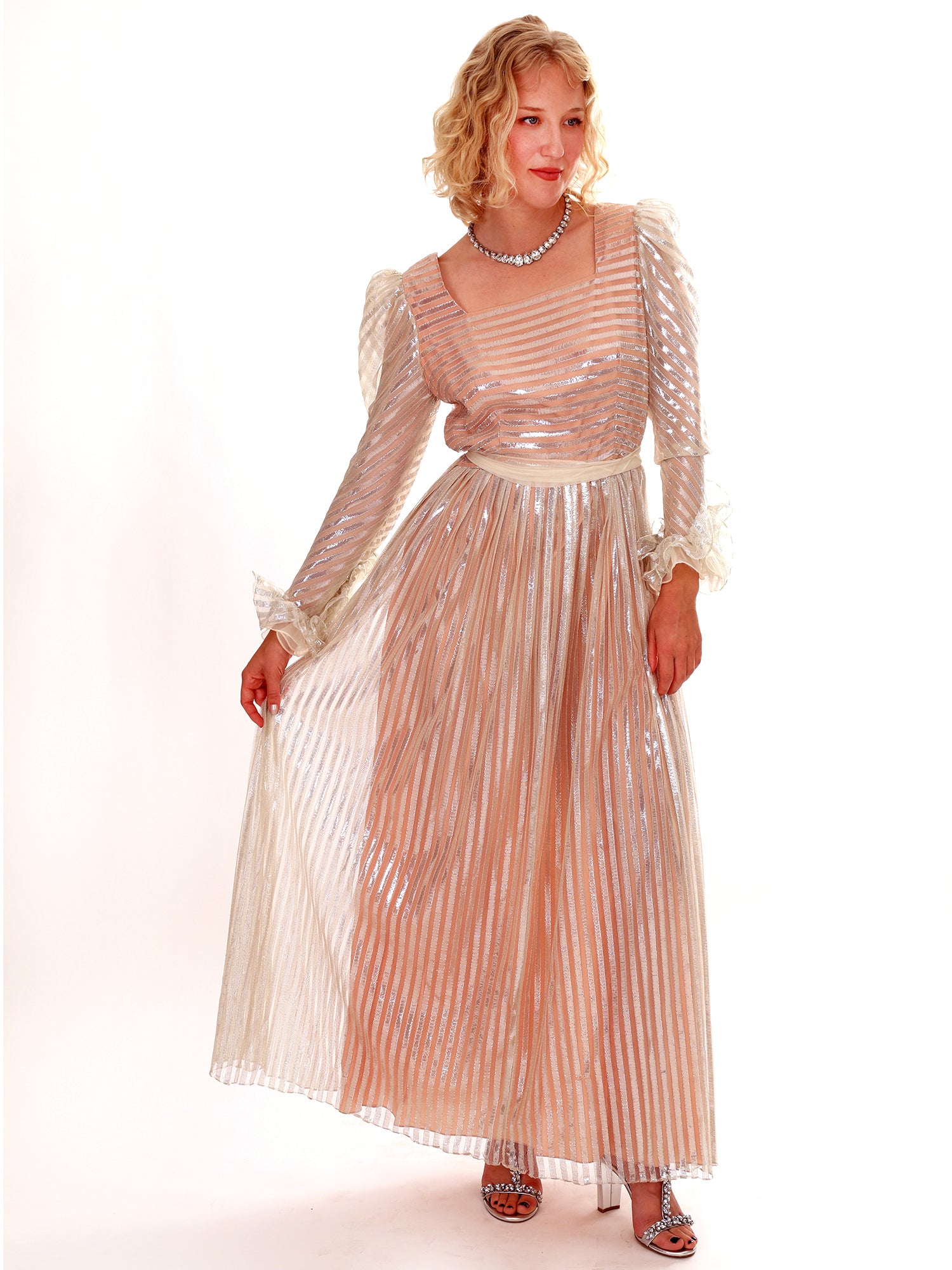 60s Pink Silver Metallic Ruffle Sleeve Goddess Maxi Dress