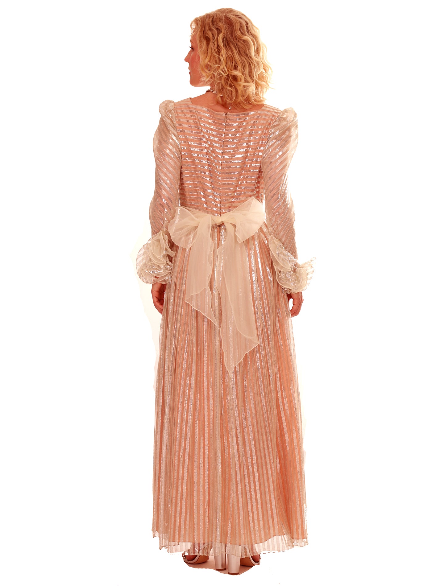 60s Pink Silver Metallic Ruffle Sleeve Goddess Maxi Dress