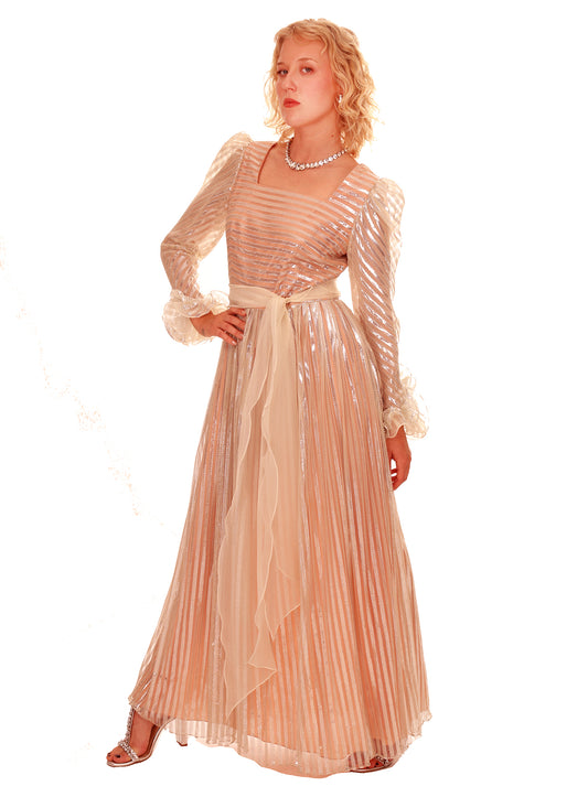 60s Pink Silver Metallic Ruffle Sleeve Goddess Maxi Dress