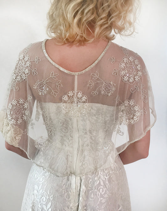 20s Ivory Floral Pearl Beaded Sheer Netted Wedding Shawl Cape with Lace Tie. Absolutely Stunning One of A Kind Handmade and Hand Beaded and subtle sequin embellished Bed Jacket that ties with a lace tie.