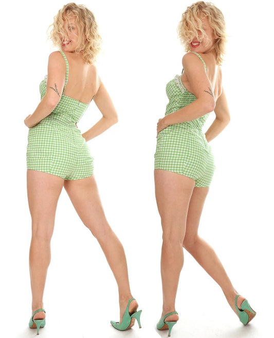 50s Jantzen Green and White Gingham Bathing Suit Jumpsuit