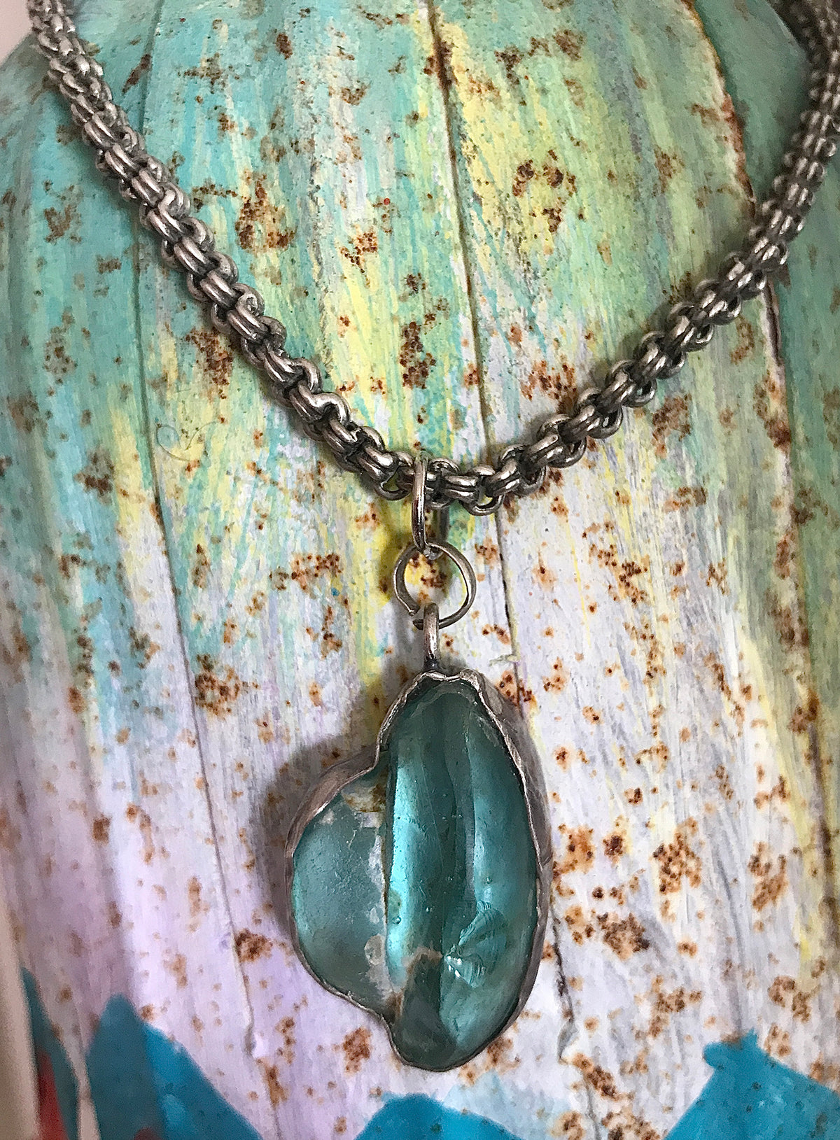 Handmade Turquoise Sea Glass Necklace on Silver Chain