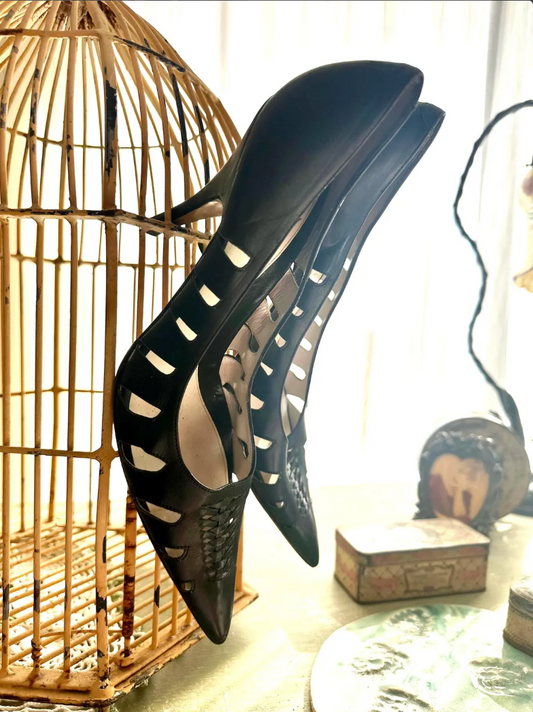 90s Black Ernesto Esposito Cut Leather High Heel Pumps Size 38 Us 8