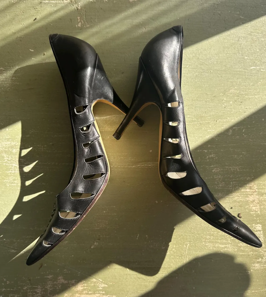 90s Black Ernesto Esposito Cut Leather High Heel Pumps Size 38 Us 8