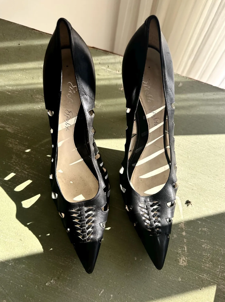 90s Black Ernesto Esposito Cut Leather High Heel Pumps Size 38 Us 8