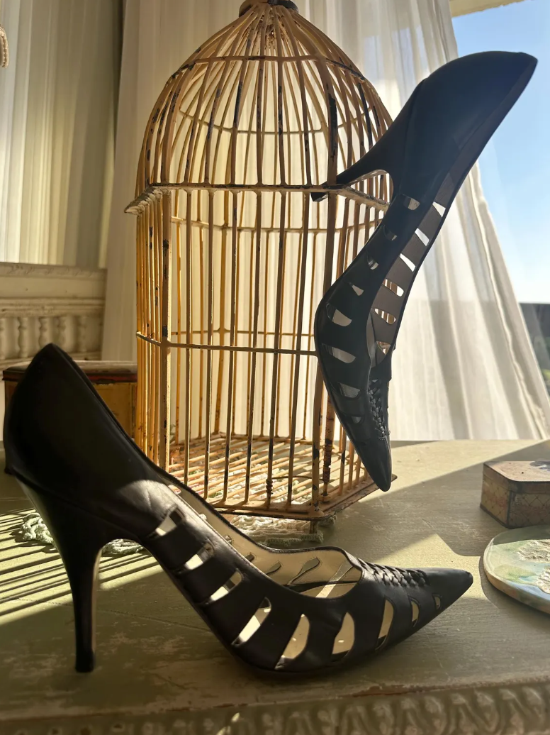 90s Black Ernesto Esposito Cut Leather High Heel Pumps Size 38 Us 8