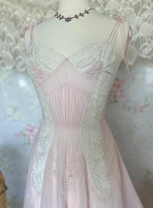 40s Pink Lace Pleated Embroidered Slip Dress