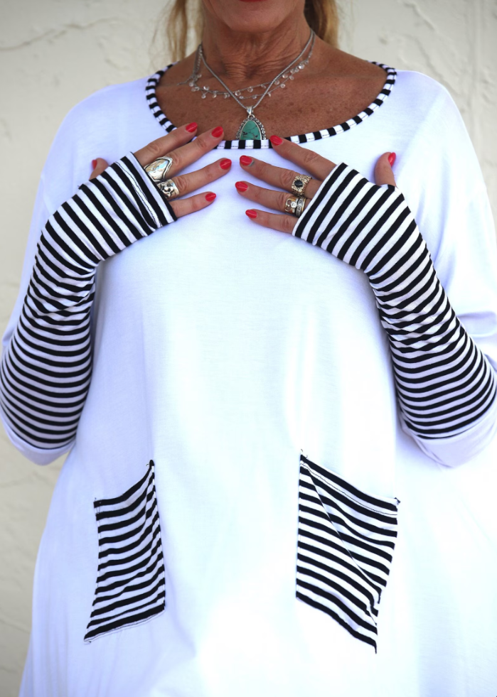 White and Black Stripie Top with Pockets and Thumbholes