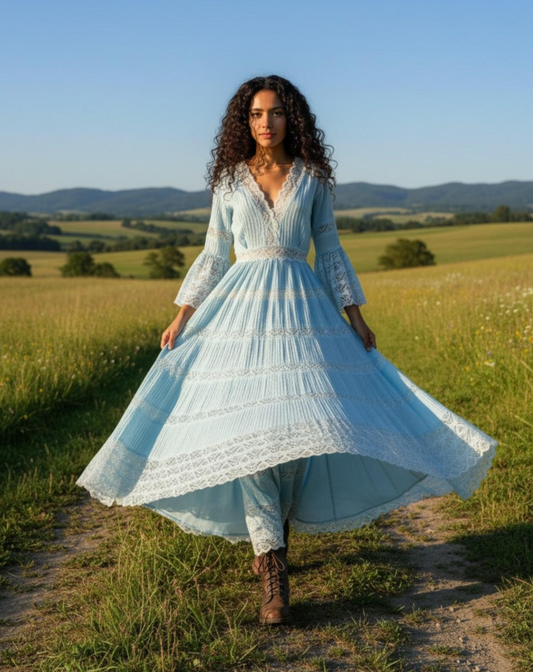 60s Mexican Aqua Wedding Pintuck Lace Dress