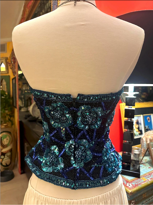 80s Turquoise and Blue Sequin Beaded Strapless Peplum Corset. Vintage 1980s Turquoise and Royal Blue Sequin Beaded Corset with Peplum Shape.