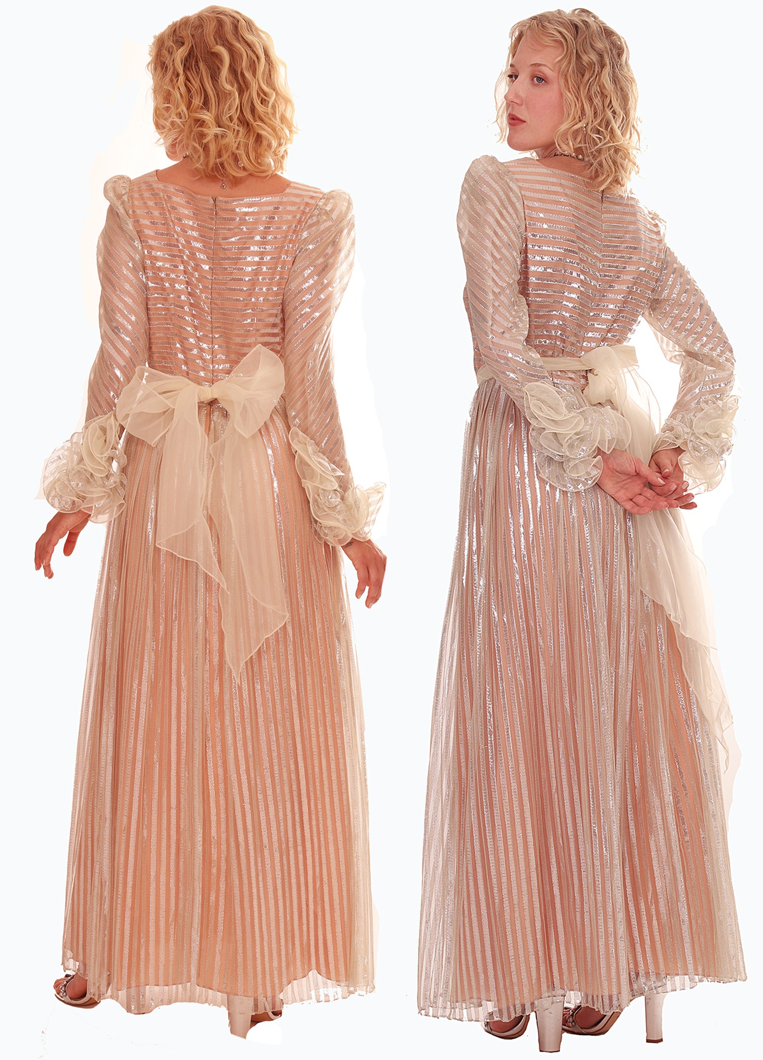 60s Pink Silver Metallic Ruffle Sleeve Goddess Maxi Dress