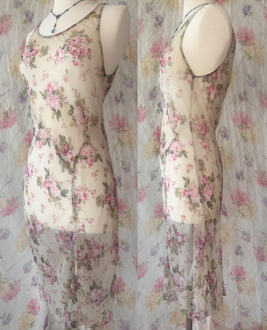 1930s Sheer Rose Floral Chiffon Slip Dress