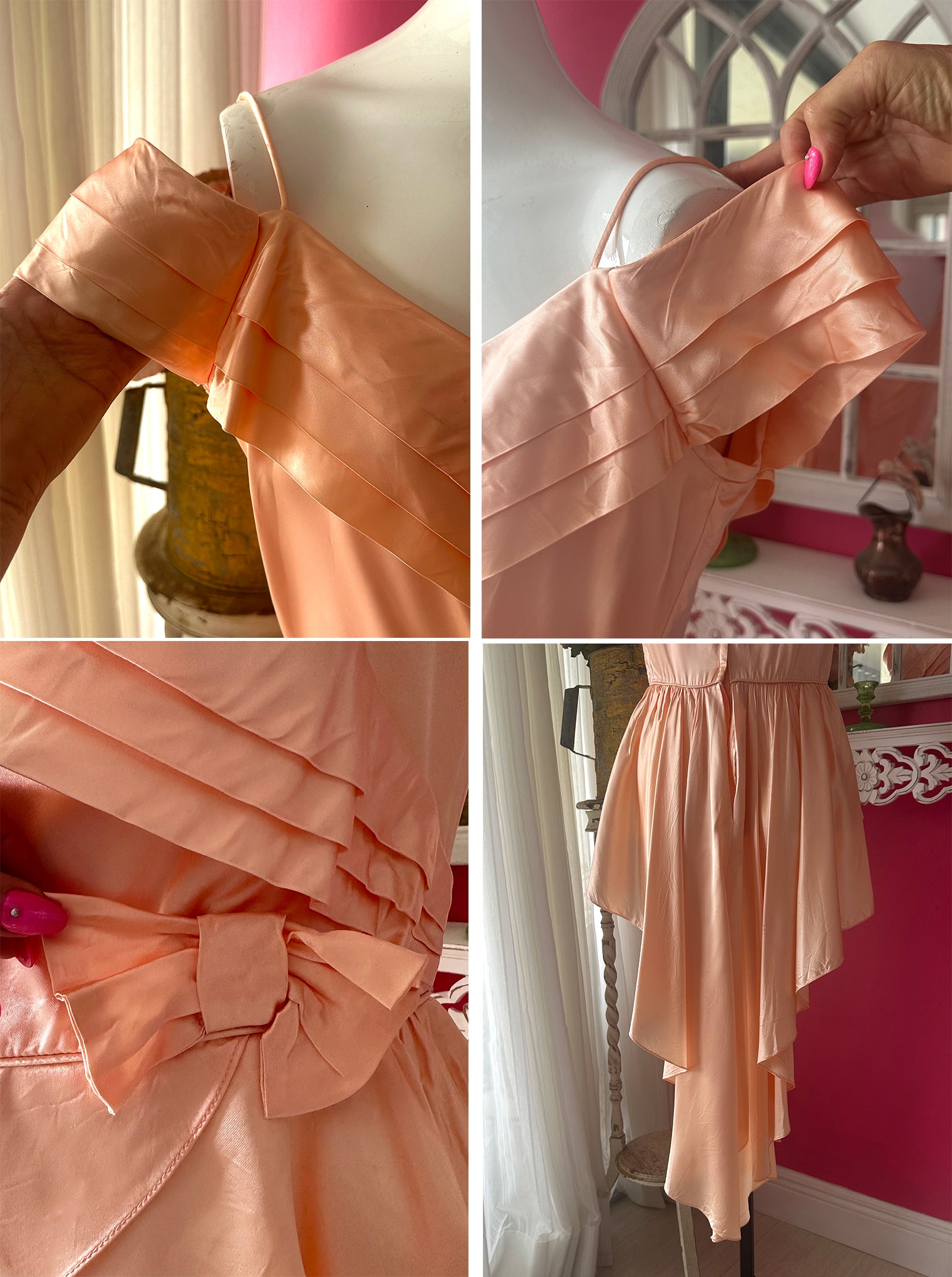 70s Reworked Pink Satin Fishtail Off Shoulder Top