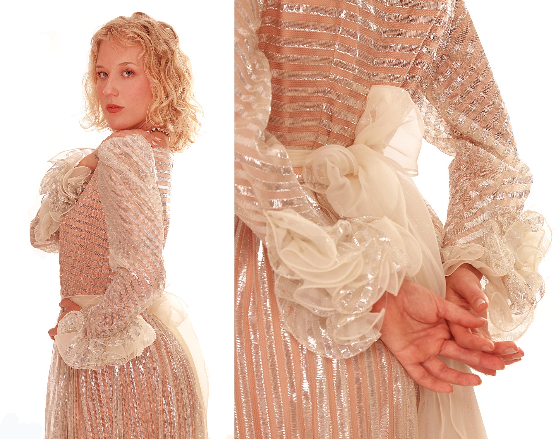 60s Pink Silver Metallic Ruffle Sleeve Goddess Maxi Dress