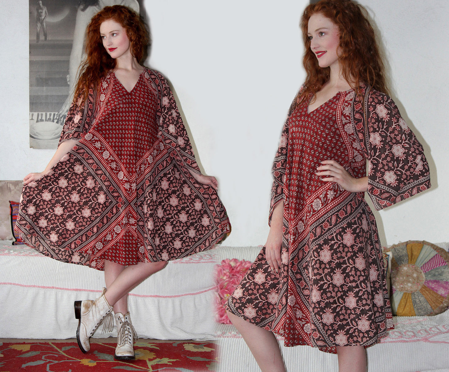 70s Ethnic Batik Bell Sleeve Dress