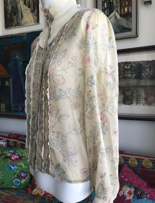 70s Sheer Jessica McLintock Like High Lace Collar Blouse