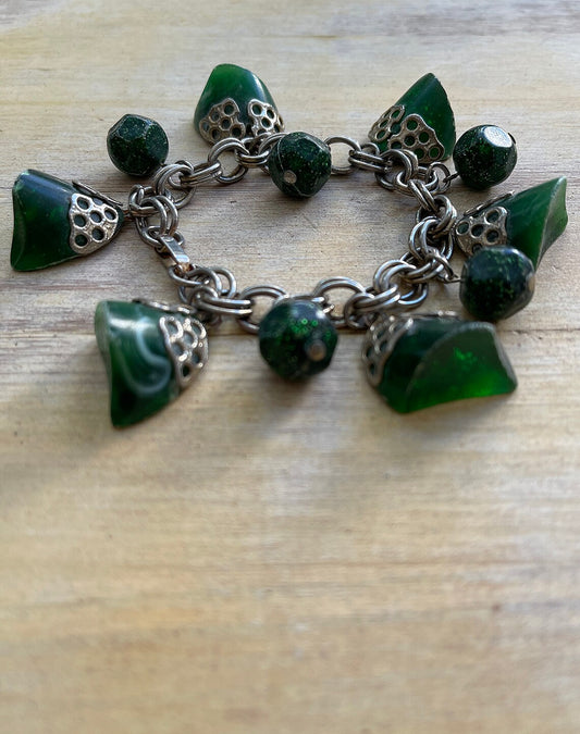 70s Faux Jade Stone And Silver Dangle Chunky Charm Bracelet