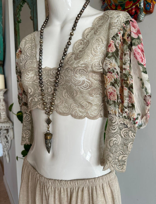 Vintage 70s Floral Lace Crop Top, Poet Sleeve Crop Top,