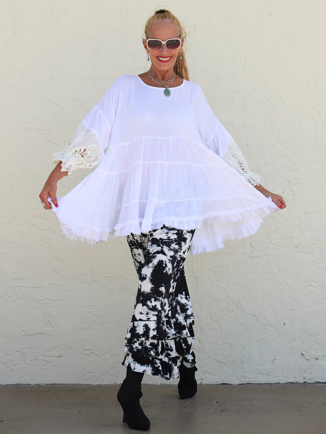 White Babydoll Poet Sleeve Shoshi Lace Top