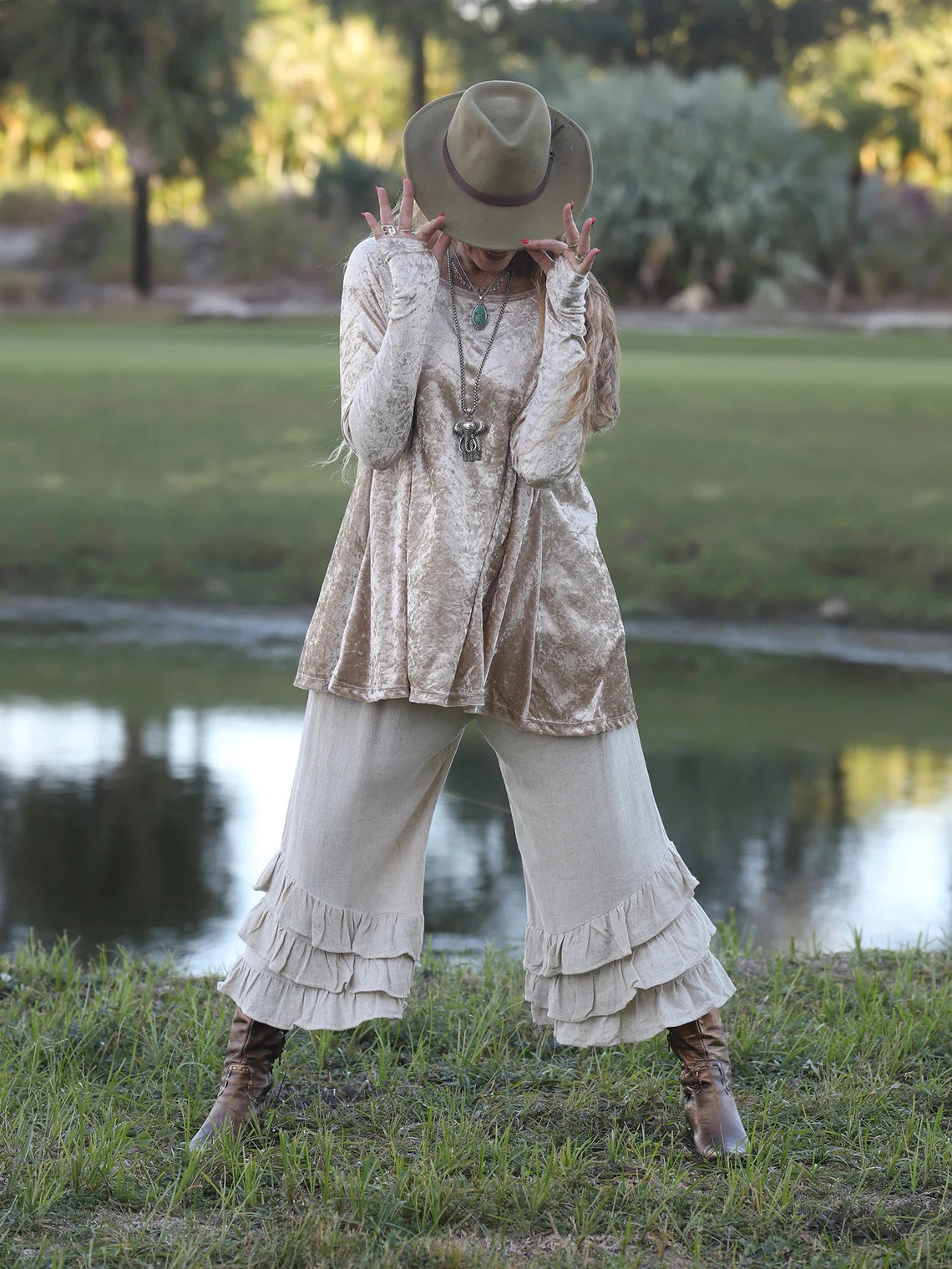 Beige Crushed Stretch Velvet Flare Top