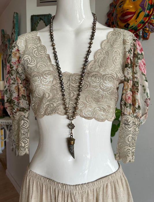 Vintage 70s Floral Lace Crop Top, Poet Sleeve Crop Top,