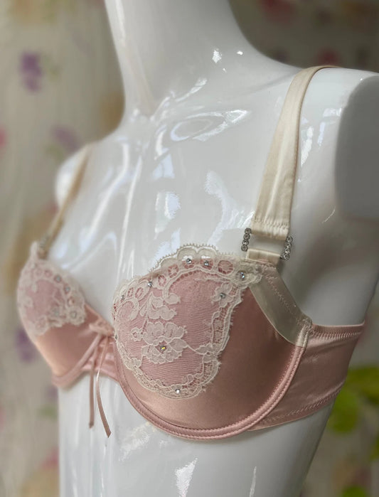 90s Pink Satin Bra Garter Lace Rhinestone Set 34B